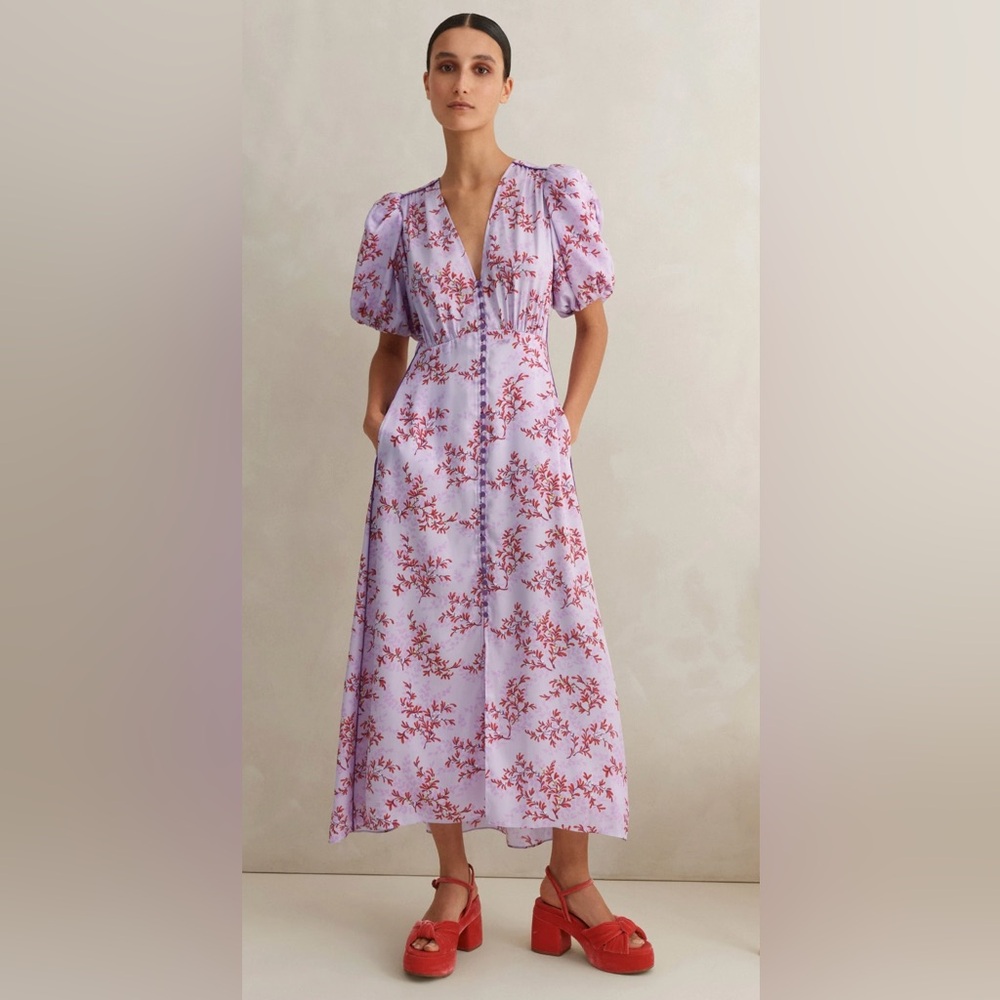 ME+EM Lilac Midi Dress with Puff Sleeves - size 4